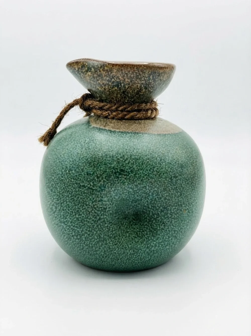 Vintage Japanese Ceramic Tokkuri Sake Flask Green Glaze Rope Accent 4.5